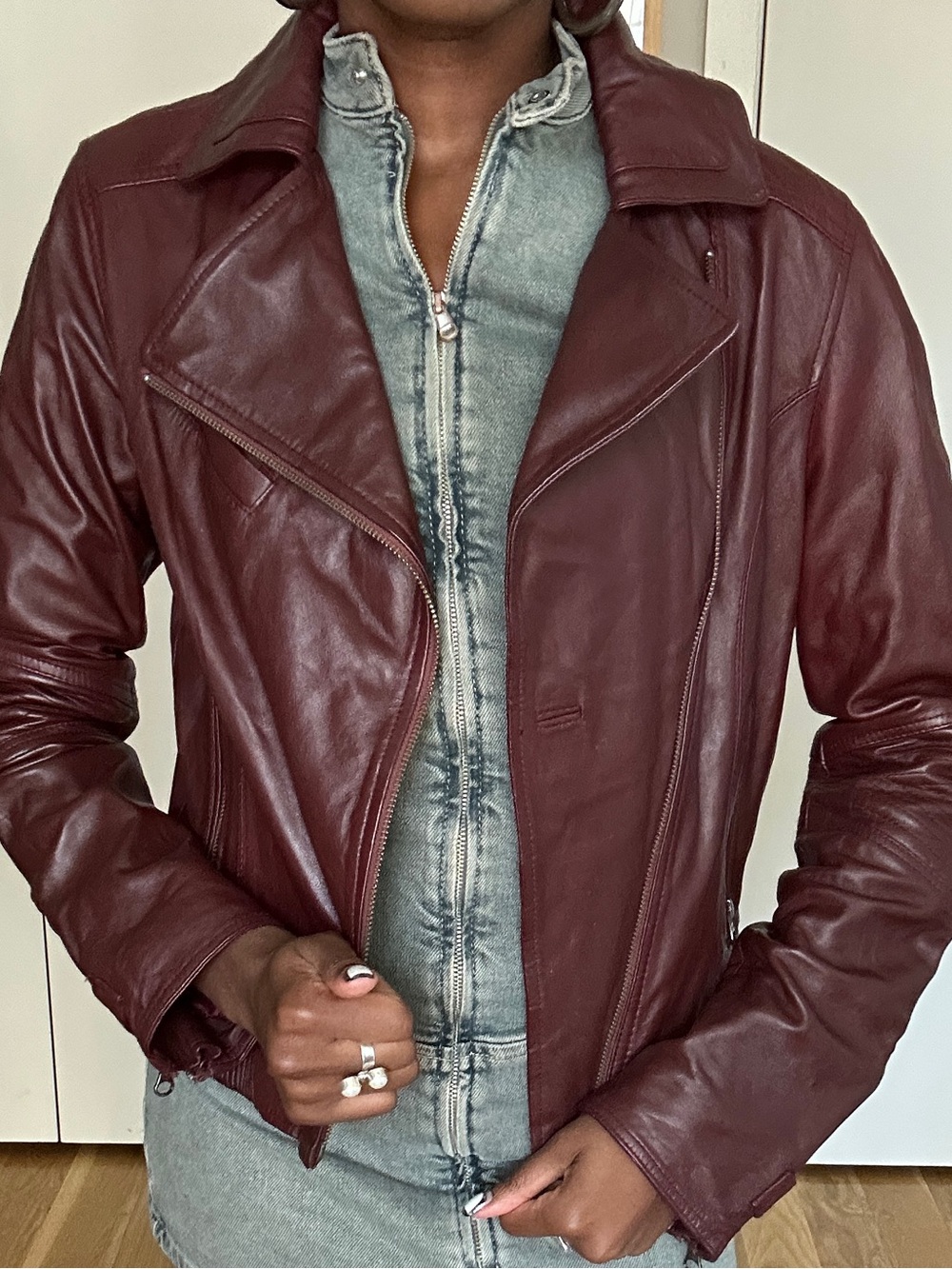 Burgundy Leather Moto Jacket - Women's Classic Style